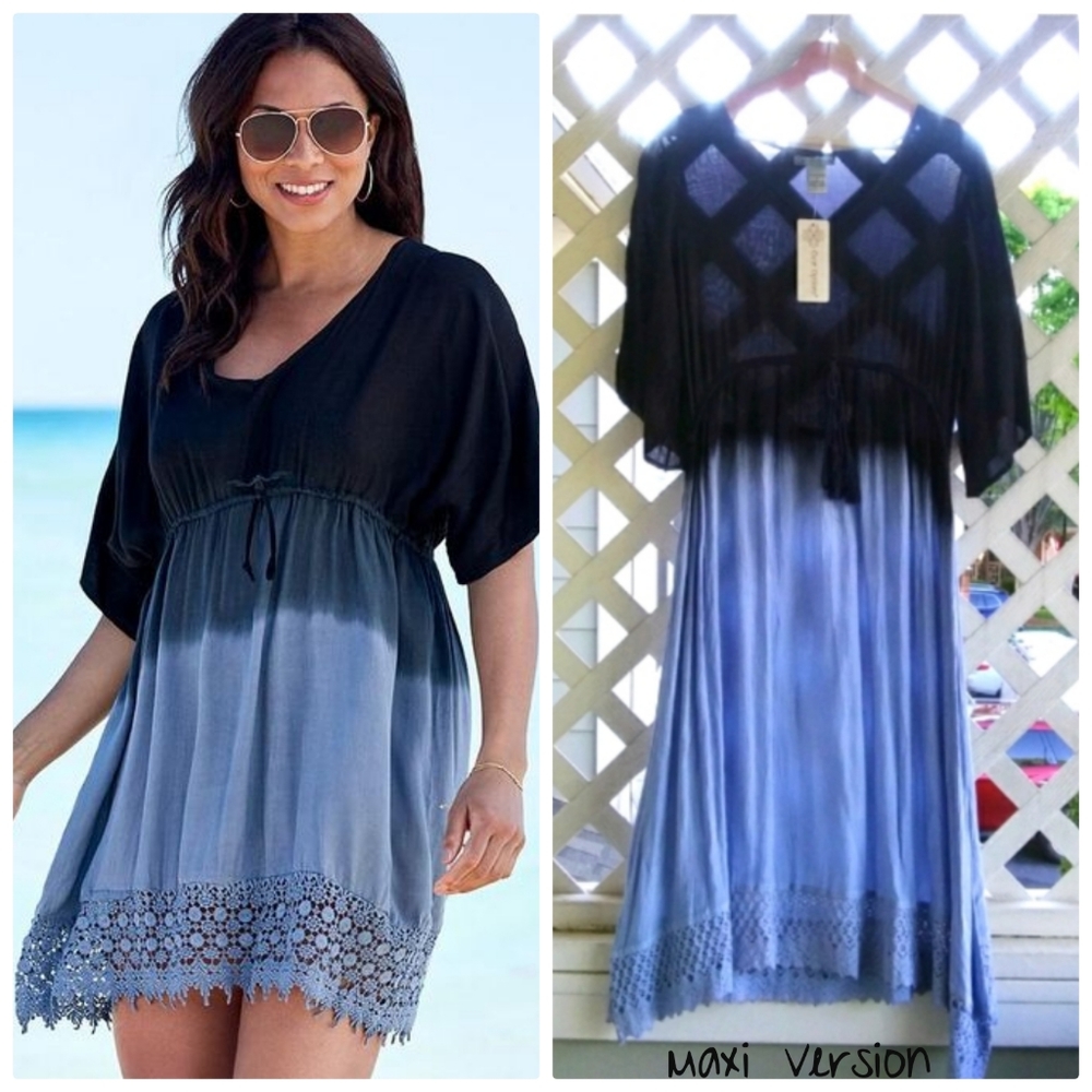 NEW Blue Ombre Dyed Beach Maxi Dress with Broderie Hem-Size S
